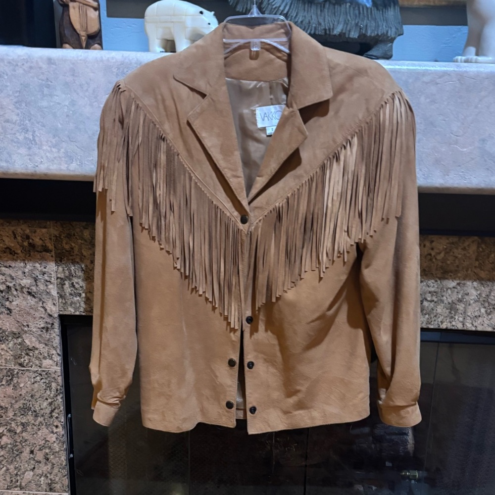 Tan suede western top or jacket with shoulder pads and fringe